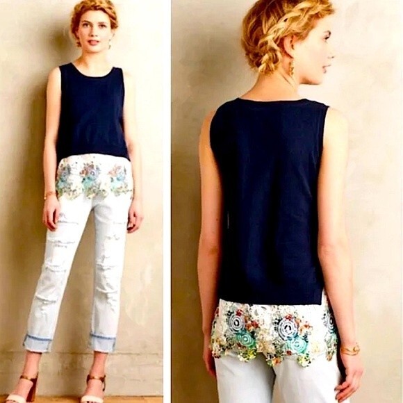 Anthropologie Moth Navy Double Layer Sweater Sleeveless Top Crochet Hem Medium - Picture 2 of 7